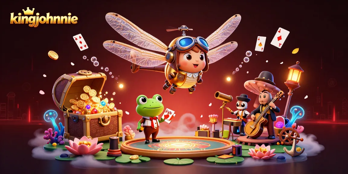 Experience kingjohnnie's vibrant casino atmosphere with a jazz-filled lily pad casino scene.