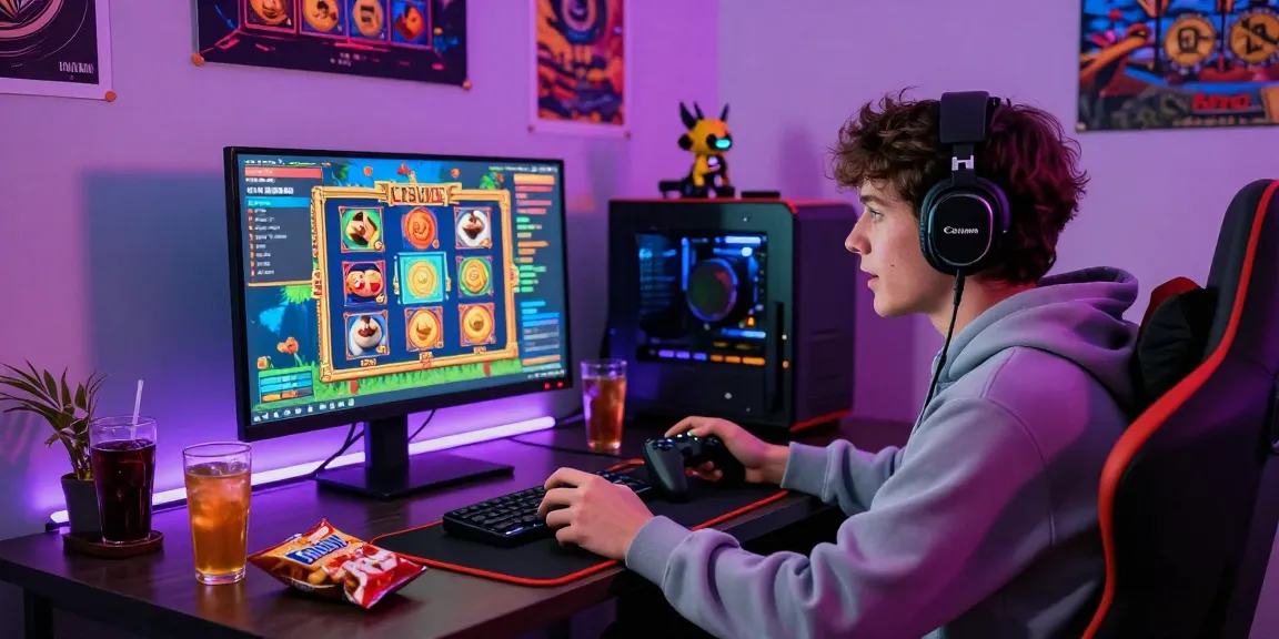 Engaged gamer enjoying สล็อตเว็บตรง in a lively gaming setup with vibrant lights and snacks.